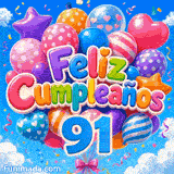 Imagen animada para 91 años representando el número 91 azul, globos de corazones y confeti sobre cielo azul.