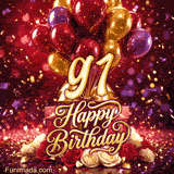 Colorful balloons presents and roses frame the golden number 91 with Happy Birthday and falling confetti in this lively animated design