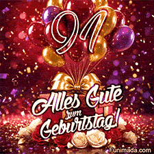 Bunte Ballons Geschenke und Rosen umrahmen die goldene Zahl 91 mit Alles Gute zum Geburtstag und fallendem Konfetti in lebendigem animierten Design