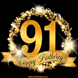A golden 91st birthday GIF features a decorative circle and ribbon. The design sparkles with light and gold accents against a black background.