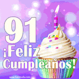 Animación de un cupcake con cobertura blanca, confites de colores, una vela encendida y el número 91 en grande sobre un fondo púrpura con luces brillantes.