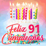 GIF animado con un pastel blanco decorado con confites y velas de colores encendidas, acompañado de la frase 'Feliz 91 cumpleaños' sobre un fondo alegre.