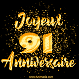 GIF animé joyeux anniversaire pour 91 ans avec des lettres dorées scintillantes et le chiffre 91 entouré de confettis dorés sur un fond noir.
