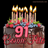 GIF animé pour un 91e anniversaire avec un somptueux gâteau au chocolat décoré de baies fraîches, des bougies allumées et le texte '91 Bonne Fête!' en rouge.