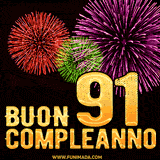 Animazione di fuochi d'artificio colorati con il numero 91 in oro brillante e la scritta 'Buon Compleanno' su uno sfondo nero festivo ed elegante.