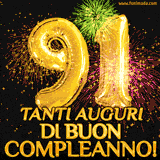 Palloncini dorati a forma del numero 91, accompagnati da scintille e fuochi d'artificio su sfondo nero, con il messaggio 'Tanti auguri di Buon Compleanno!'.
