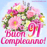 Bouquet animato con rose rosa, margherite e altri fiori colorati, con il numero 91 e la scritta 'Buon Compleanno!' in stile elegante e luminoso.