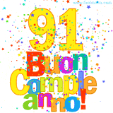 Animazione con il numero 91 in giallo e scritte multicolore 'Buon Compleanno!', accompagnate da una pioggia di stelle e coriandoli colorati.