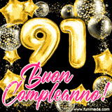 Animazione con palloncini dorati a forma del numero 91, circondati da decorazioni scintillanti e la scritta 'Buon Compleanno!' in caratteri rosa accattivanti.