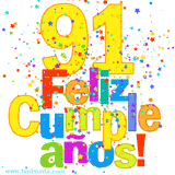 GIF festivo lleno de confeti de colores, el número 91 grande en amarillo y la frase 'Feliz cumpleaños' en letras multicolores y brillantes.