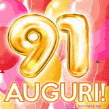 Bouquet animato di palloncini multicolori che emergono da una scatola regalo, con il numero 91 e la scritta 'Tanti Auguri!' su uno sfondo pieno di coriandoli.