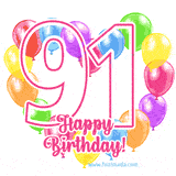 An animated birthday greeting card with a large '91' in pink outline surrounded by colorful balloons heart-shaped frame, and 'Happy Birthday!' written below in hand-written font.