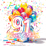 A festive birthday age GIF with animated star confetti, colorful balloons, and a gift box with the number 91. The text reads 'Happy Birthday'.