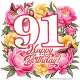 A celebratory GIF image features the animated number '91' and the words 'Happy Birthday!' surrounded by pink and yellow flowers. Two moving butterflies are included in this festive design.