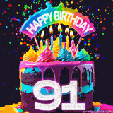 Chocolate cake with cyan layers, pink dressing and a big number 91 adorned with vibrant multicolored frosting, lit candles, and a rainbow topper with text that says 'Happy Birthday'. Animated colorful confetti move behind the cake.
