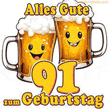 Zwei lustige Bierkrüge mit fröhlichen Gesichtern hüpfen auf und ab. Der Text lautet 'Alles Gute zum 91. Geburtstag'.