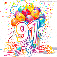 Ein lebendiges Geburtstags-GIF mit bunten Ballons, animiertem Konfetti, der Zahl 91 und den Worten 'Alles Gute zum Geburtstag' in dekorativer Schriftart.