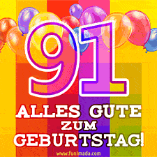 Große Zahl 35 in Umrissschrift, die Worte 'Alles Gute zum 91. Geburtstag', mehrfarbige animierte Ballons und lebendiger Hintergrund.