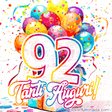 Animazione con palloncini colorati e scintillanti, accompagnata dal numero 92 in caratteri grandi e luminosi, e la scritta 'Tanti Auguri!' in stile vivace.