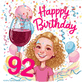 An animated birthday GIF featuring a smiling cartoon woman holding a glass of wine. Text reads 'Happy Birthday 92' surrounded by colorful balloons and confetti.