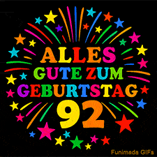 Animiertes GIF 'Alles Gute zum Geburtstag 92 mit bunten Buchstaben und leuchtenden Sternen