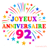 GIF animé joyeux anniversaire 92 ans avec étoiles multicolores et feu d’artifice