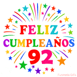 Imagen animada para felicitar los 92 años con letras de colores y diseño festivo.