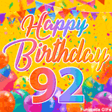 A bright and colorful animation for a 92nd birthday, The greeting is set against a yellow backdrop with animated confetti, colorful bunting at the top, and balloons at the bottom.