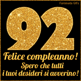 Un GIF animato per un 92° compleanno, Presenta il testo 'Buon Compleanno 92' su uno sfondo giallo vivo con palloncini colorati, festoni e una pioggia di coriandoli.