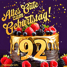 Eine köstlich aussehende animierte Geburtstagskarte für den 92. Geburtstag, dekoriert mit Erdbeeren, Blaubeeren und goldenen Details, Sterne funkeln und fallen, mit 'Alles Gute zum Geburtstag!'-Text.