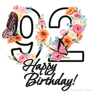 A floral 92nd birthday animated greeting card. The number '92' is surrounded by animated flowers and butterflies, creating a beautiful and cheerful way to celebrate the milestone.