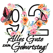 Ein florales GIF zum 92. Geburtstag. Die Zahl '92' ist von animierten Blumen und Schmetterlingen umgeben und bietet eine schöne und fröhliche Art, den Meilenstein zu feiern.