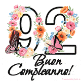Questo GIF di Buon 92° Compleanno mostra il numero venti riempito con un vibrante bouquet di fiori animati, con farfalle che si muovono dolcemente su uno sfondo bianco.