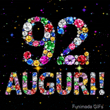Immagine che mostra il numero 92 e il testo Auguri composti da cristalli luminosi di vari colori su una tela nera piena di stelle animate.