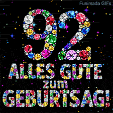 Ein schwarzer Hintergrund zeigt die Zahl 92 und den Schriftzug Alles Gute zum Geburtstag aus funkelnden Juwelen und bunten Lichtpunkten.