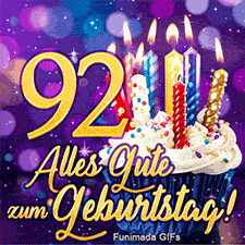 Vor einem lila leuchtenden Bokeh steht die Ziffer 92 in Gold. Daneben ein Cupcake mit bunten Kerzen und der Text 'Alles Gute zum Geburtstag!'.