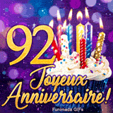 GIF d'anniversaire 92 ans avec le chiffre 92 en or brillant, un gâteau féerique et des lumières scintillantes.