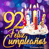 GIF de cumpleaños 92 años con el número 92 en oro brillante, una tarta mágica y luces de colores.