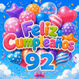 GIF de cumpleaños 92 años con el número 92 azul brillante, un gran ramillete de globos de colores y nubes.