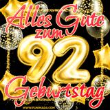 A vibrant greeting card featuring colorful balloons in the background with the large number '92' and the words 'Happy Birthday!' in glowing, bold text