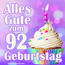 Ein lebendiges Geburtstags-GIF mit einem dekorierten Cupcake, einer Kerze und der Zahl 92 auf einem bunten Hintergrund.