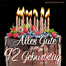 Das Geburtstags-GIF zeigt einen Schokoladenkuchen mit Beeren und Kerzen zur Feier eines 92. Geburtstags.