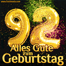 Große goldene Zahlen 92 auf schwarzem Hintergrund, die Worte 'Alles Gute zum Geburtstag' in goldener Schrift und ein spektakuläres Feuerwerk.
