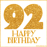 Animated birthday GIF featuring a sparkling gold 92 and Happy Birthday text displayed on a white background.