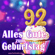 Ein glänzendes Geburtstags-GIF mit goldenen Kerzen mit der Zahl 92 auf einem weißen cremefarbenen Cupcake und dem Text 'Alles Gute zum Geburtstag'.