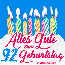 Ein buntes Geburtstags-GIF mit strahlenden Kerzen auf einer festlichen Torte zur Feier des 92.