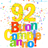 Animazione con il numero 92 in giallo e scritte multicolore 'Buon Compleanno!', accompagnate da una pioggia di stelle e coriandoli colorati.