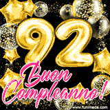 Animazione con palloncini dorati a forma del numero 92, circondati da decorazioni scintillanti e la scritta 'Buon Compleanno!' in caratteri rosa accattivanti.