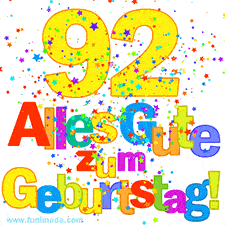 Geburtstags-GIF mit animierten bunten Sternen, der großen Zahl 92 und dem mehrfarbigen Text 'Alles Gute zum Geburtstag'.