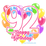 An animated birthday greeting card with a large '92' in pink outline surrounded by colorful balloons heart-shaped frame, and 'Happy Birthday!' written below in hand-written font.